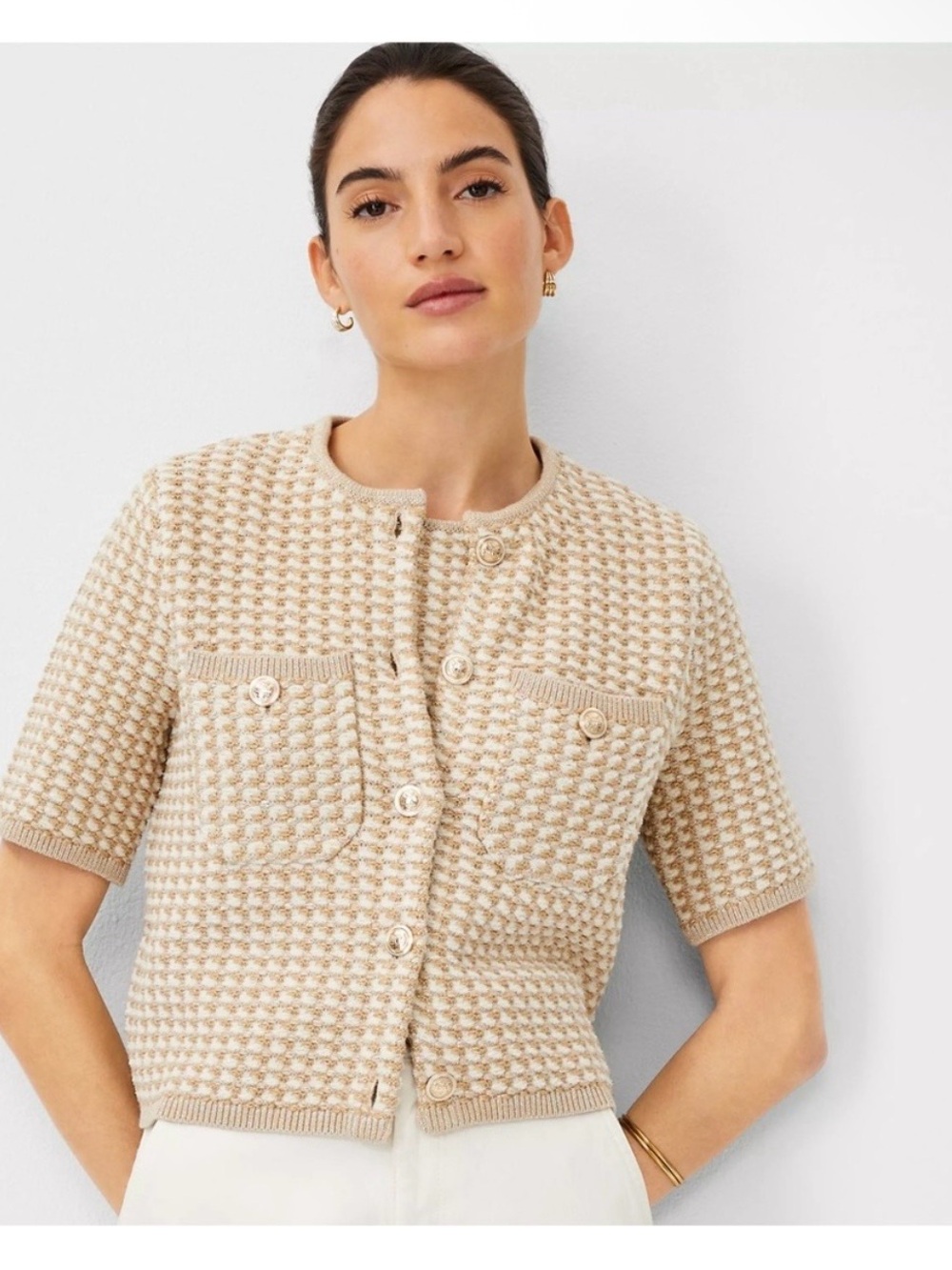 NWT Ann Taylor Shimmer Tan Short Sleeve Jacket Cardigan XL